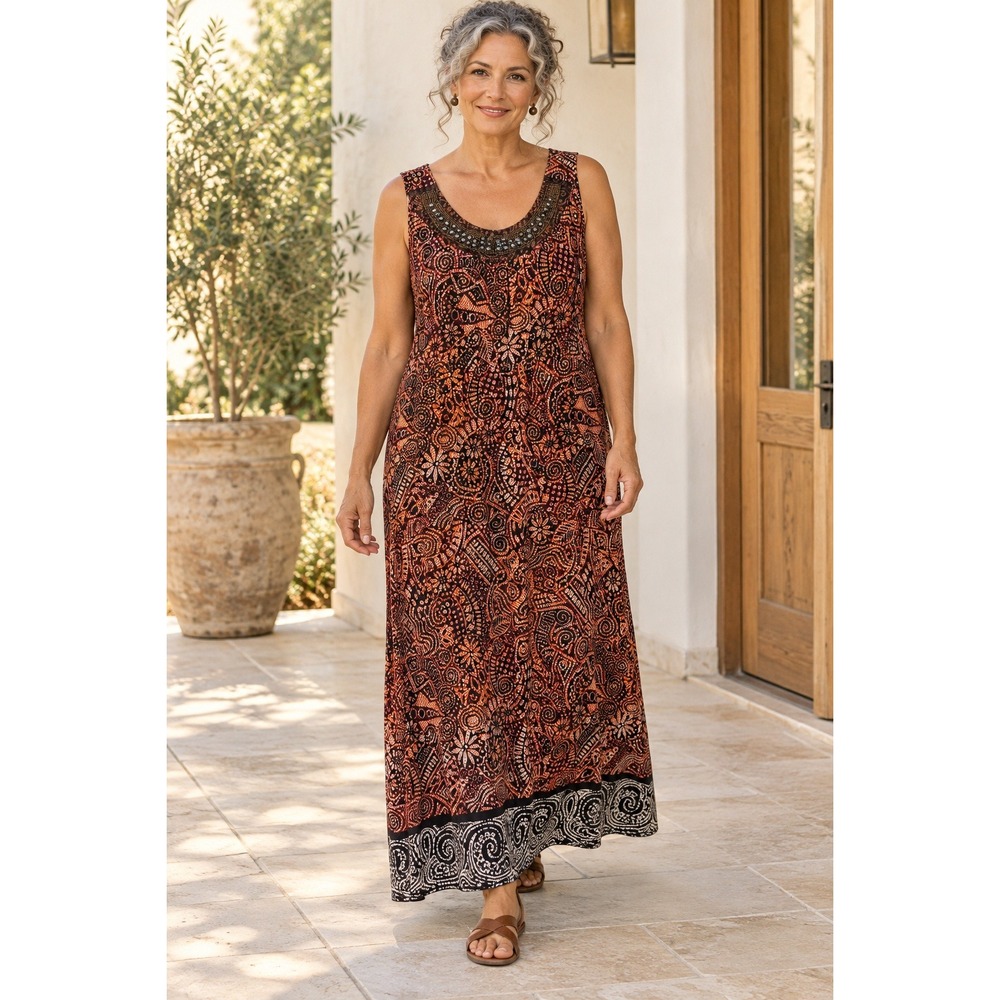 Notations Maxi Dress Women XL Orange Brown Tribal Floral Beaded Boho Summer Fall